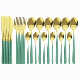 Flatware Sets 24Pcs/Set Green Gold Cutlery Set 18/10 Stainless Steel Tableware Knife Fork Spoon Dinner Mirror Dinnerware