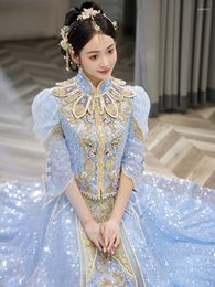 Ethnic Clothing 2022 Bride Sparkly Blue Sequins Wedding Dress Chinese Style Vintage Mandarin Collar Cheongsam Toast