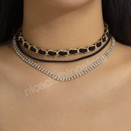 Elegant Black Flannel Cross Thick Chain Short Choker Necklace for Women Trendy Layered Rhinestones Chains Collar Fashion Jewellery