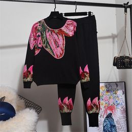 Women's Two Piece Pants Knitwear Set Women Tops Autumn Fashion Sequins Long Sleeves Sweater Coat Casual Knitted Ladies Outfits H694