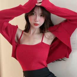 Women's Knits Knitted Two-piece Suit Crop Top Cardigan Women Sweaters Spring Autumn Spaghetti Strap Tops Jumpers Korean Fashion Black