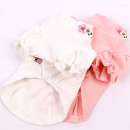Dog Apparel White Pink Pet Clothes For Girls Embroidery Flower On Collar Teacup Cat Bubble Sleeves Clothing Bottom Shirt Hoodies