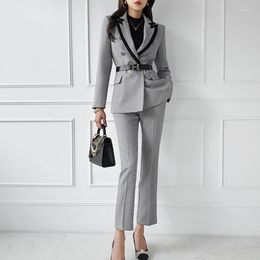 Women's Two Piece Pants Elegant Women's Office Suit Fashion Houndstooth Two-Piece Set 2022 Autumn Slim Blazer Trousers Professional