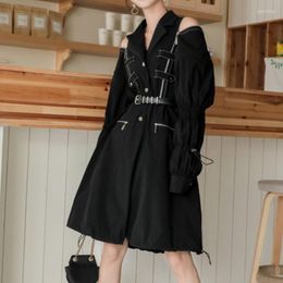 Women's Trench Coats Women's Fashion Long Black Spliced Coat Design Belt Zipper Young Lovely Streetwear Casual Outwear Goth Girl Office