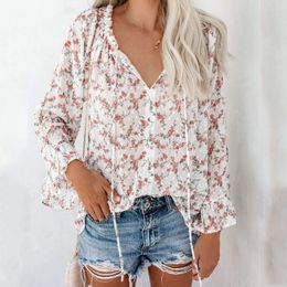 Women's Blouses Boho Inspired Floral Drawstring Bell Sleeve Top White V-neck Ruffle Long Women Chiffon Shirts Bloues