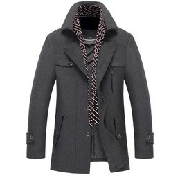 Men's Wool Blends Men Winter Wool Coat Scarf Collar Warm Thick Woollen Overcoat Men Trench Coat Casual Wool Blends Jacket Male 220930