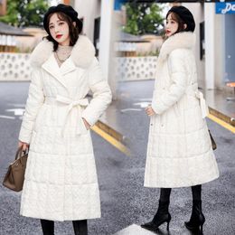 Women's Down Women's & Parkas Jacket 2022 Waist Belt Slim Fit Detachable Real Fur Collar Long 90 White