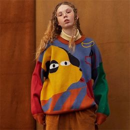 Womens Knits Tees Harajuku BF loose soft Winter Design Women Pullover Sweaters Long Sleeve Cartoon Dogs Colour Block Highquality Knitwear tops 220930