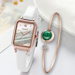 Wristwatches TOP Brand Women Watches Fashion Square Ladies Quartz Watch Bracelet Set Green Dial Simple Rose Gold Leather Luxury