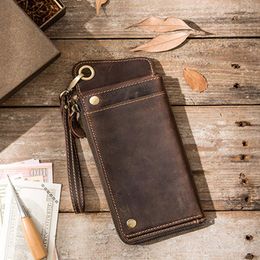 Wallets Men's Leather Wallet Crazy Horse Brown Vintage Purse Long Ultra-Thin Retro Bifold Luxury Male Women Handmand Gift