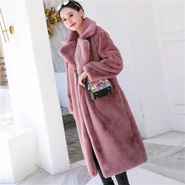 Womens Fur Faux Women High Quality Rabbit Coat Luxury Long Loose Lapel Over Thick Warm Plus Size Female Plush 220930