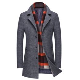 Men's Wool Blends Men Winter Wool Coat Slim Fit Thick Wool Blends Men Long Trench Coat Fashion Grey Woollen Jacket Scarf Collar Warm Overcoat 220930