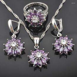 Necklace Earrings Set Purple Zirconia Crystal Costume Silver Color For Women Wedding Earring Ring QZ0437