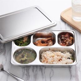 Dinnerware Sets Stainless Steel Plate Containers Tray With Compartments Sliver Bento Lunch Boxs Lid For Canteen Restaurant Tableware