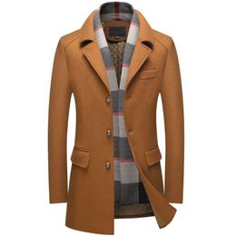 Men's Wool Blends Autumn Winter Wool Coat Men Scarf Collar Thick Trench Coat Men Business Casual Long Woollen Overcoats Jacket Plus Size L4XL 220930