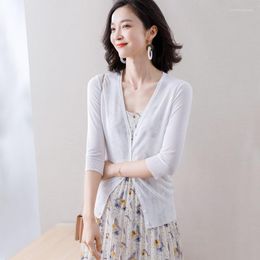 Women's Knits Knitted Cardigans Women Sweater Summer Ice Silk Thin Air Conditioner Sunscreen V-Neck Fashion Female Knitwear Coat Outwear