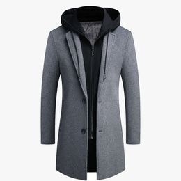 Men's Wool Blends Thoshine Brand Winter 50 Wool Men Thick Woollen Coats Hooded Faux Twopiece Overcoats Superior Quality Wool Blend Trench Jackets 220930