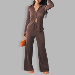 Women's Two Piece Pants Street 2 Set Outfits Women's Button Long Sleeve Shirt Tops And Wide Leg Elegant Tracksuit Casual Sweatwear