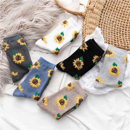 Women Socks Sunflower Korea Style Cotton Candy Color Casual Fashion Long Sock Floral Harajuku Female 2022 Cute Creative