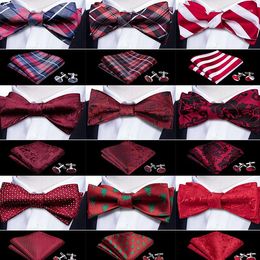 Bow Ties Self Tie For Men Silk Butterfly Men's Red Lattice Hanky Cufflinks Suit Collar Removable Necktie Wedding Party