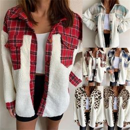 Womens Jackets Lapel Fleece Top Jacket Leopard Plaid Print Plush Patchwork Contrast Color Warm Long Sleeve Autumn and Winter Cardigan Jacket 220930