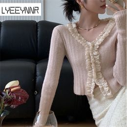 Womens Jackets LYEEYNNR Autumn Korean Style Cardigan Women Ruffles Patchwork Long Sleeve Tops Femme V Neck Fashion Chic Sweater Sueter 220930