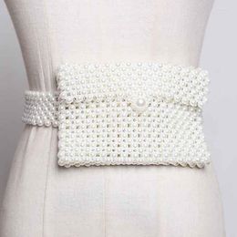 Belts SeeBeautiful Fashion Spring 2022 Summer Original Hollow Out Weave Girdle Man-made Pearl Mini-bag Waist Women A084