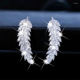 Stud Earrings Silver Colour Gold Cute Feather With Bling Zircon Stone For Women Fashion Jewellery Korean