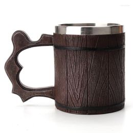 Mugs Wooden Tankard Beer Stein Mug Souvenir Cup Double Wall Resin Stainless Steel Simulation Barrel Drinkware Coffee Tea