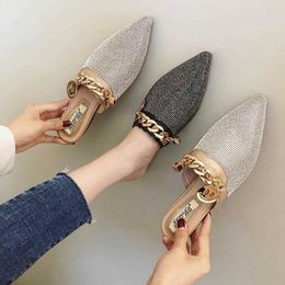 Boots Comemore Slippers Female 2022 Metal Necklace Rhinestone Shiny Bling Flat Sandals Slip on Evening Party Slides Shoes Silver Pumps 220901