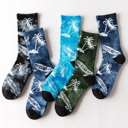 Men's Socks High-Quality Tie-Dye Coconut Tree Tropical Style Cotton Skate Men Fashion Street Dress Hiphop Unisex Funny 35-43