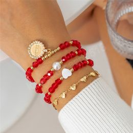 Boho Red Colour Crystal Heart Chain Bracelets Set for Women Ethnic Rhinestones Coin Pendant Bangles Couple Jewellery Gift