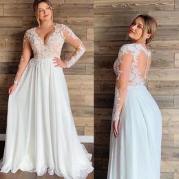 Gorgeous Beach Wedding Dresses Bridal Gown Long Sleeves Beaded Chiffon Floor Length Illusion Back Ruffles Plus Size Custom Made Vestido De Novia 403 403