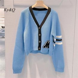 Womens Jackets AutumnWinter Luxury Blue Letter Embroidered Women Sweater LongSleeved Short Loose Top VNeck Knitted Cardigan Coat 220930