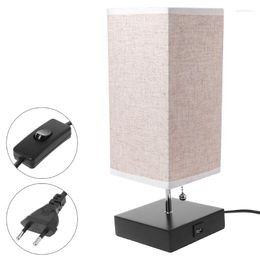 Table Lamps 1 Set Wood Base Fabric Shade Bedside Lamp With USB Port & Pull Switch Modern Design Desk EU/US Plug Without Bulb