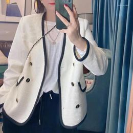 Women's Suits Temperament Korean Clothes V Neck White Blazers Women Jacket 2022 Autumn Tweed Coat Chic For Chaquetas