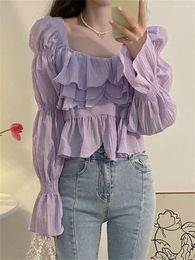 Women's Blouses Alien Kitty Purple Ruffles Summer Women Flare Sleeve Solid 2022 OL Chiffon Fashion Slim Casual Sweet Sexy Chic Mujer