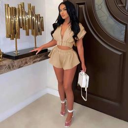 Women's Tracksuits Sexy Women's White V Neck Ruffled Crop Top Elastic Waist Short Set Straight Shorts Lounge Wear Matching Sets Outfits