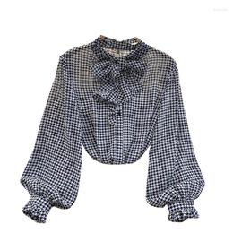 Women's Blouses Autumn 2022 Fashion Temperament Blouse Retro Houndstooth Bow Tie Puff Sleeve Blusa Thin Chiffon Shirt DK1129