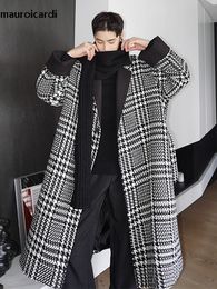 Men's Wool Blends Mauroicardi Autumn Winter Long Oversized Black Patchwork Plaid Trench Coat Men Loose Casual Luxury Designer Korean Fashion 220930