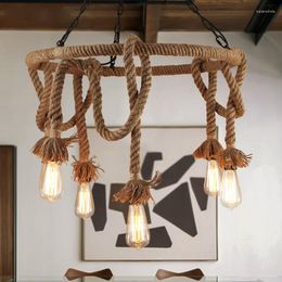 Pendant Lamps Vintage Industrial Rope Wrought Iron Circle Chain Light 3/6 Heads AC E27 110 / 220V Hanging For Edison Bulbs