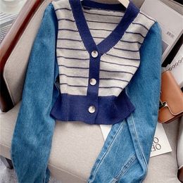 Womens Jackets Circyy Cropped Cardigans Women Sweater Striped Patchwork Denim VNeck Korean Chic Knitted Female Autumn Winter Clothing 220930
