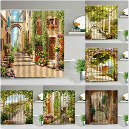 Shower Curtains European Building Garden Patio Landscape Street Scenery Green Vine Flower Print Bath Screen Hanging Wall Decor