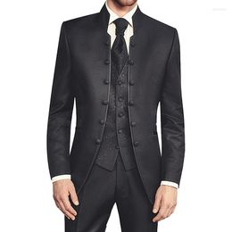 Men's Suits Black Tunic Groom Tuxedo For Wedding With Double Breasted Slim Fit Men Stand Collar 3 Piece Fashion Jacket Pants Vest