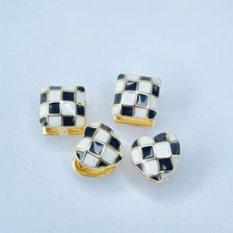Backs Earrings 10 Pairs Black And White Chequered Love Heart Square Enamel Ear Clip For Women Men Wedding Gift Party Gold Copper