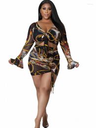 Tracksuits Mini Skirts 2 Piece Sets Women 4XL Plus Size Flare Sleeve Crop Tops Outfits 2022 Print Drawstring Sexy Clubwear Skirt Suits