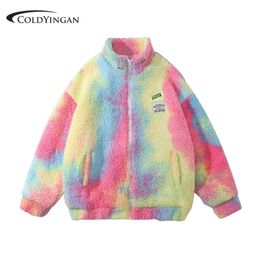 Womens Jackets Womens Winter Fuzzy Fleece Jacket Hip Hop Streetwear Harajuku Rainbow Tie Dye Colourful Fluffy Zipper Coat Harajuku Warm Jackets 220930