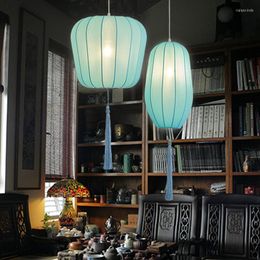 Pendant Lamps Blue Fabric Lantern Chandelier Chinese Style Restaurant El Teahouse Aisle Lighting Small Simple Decorative Lamp