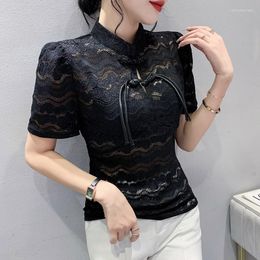 Women's T Shirts Black White Lace Shirt Women Stand Collar Sexy Vintage Female Slim Buttons Basic For Girl