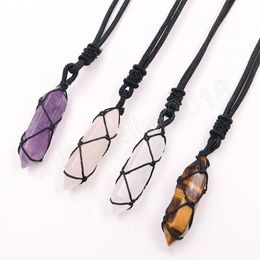 Rope Wrap Natural Stone Necklace Pink Quartz Aventurine Amethysts Hexagonal Crystal Pendulum Pendant Necklaces Women Girls Reiki